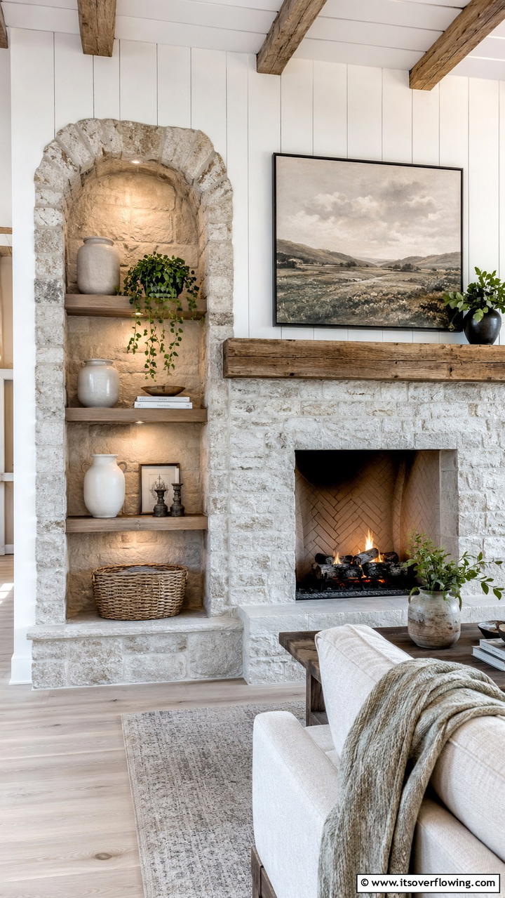 Rustic Recessed Niche - 30 Farmhouse Fireplace Ideas for Cozy Living Spaces