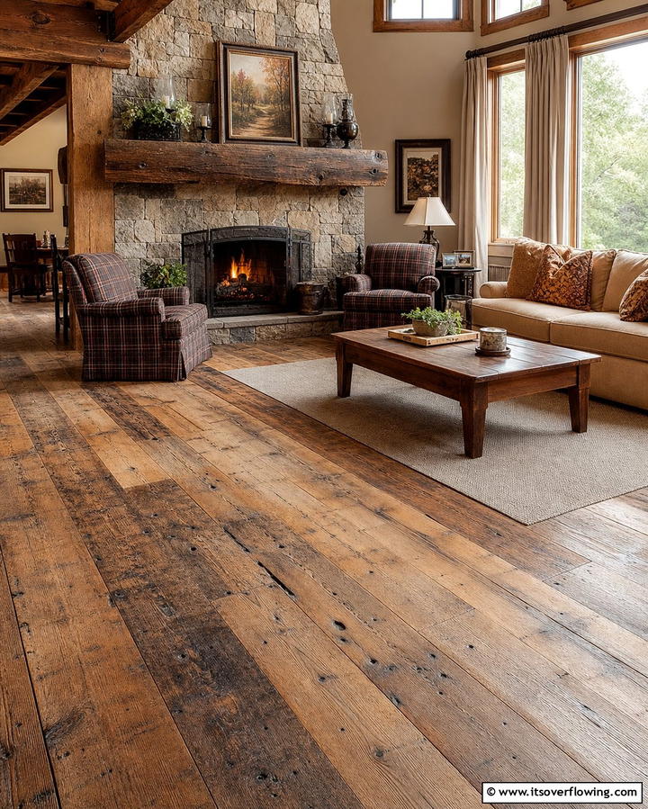 Rustic Reclaimed Wood Flooring - 25 Living Room Wood Floor Ideas for a Warm Ambiance