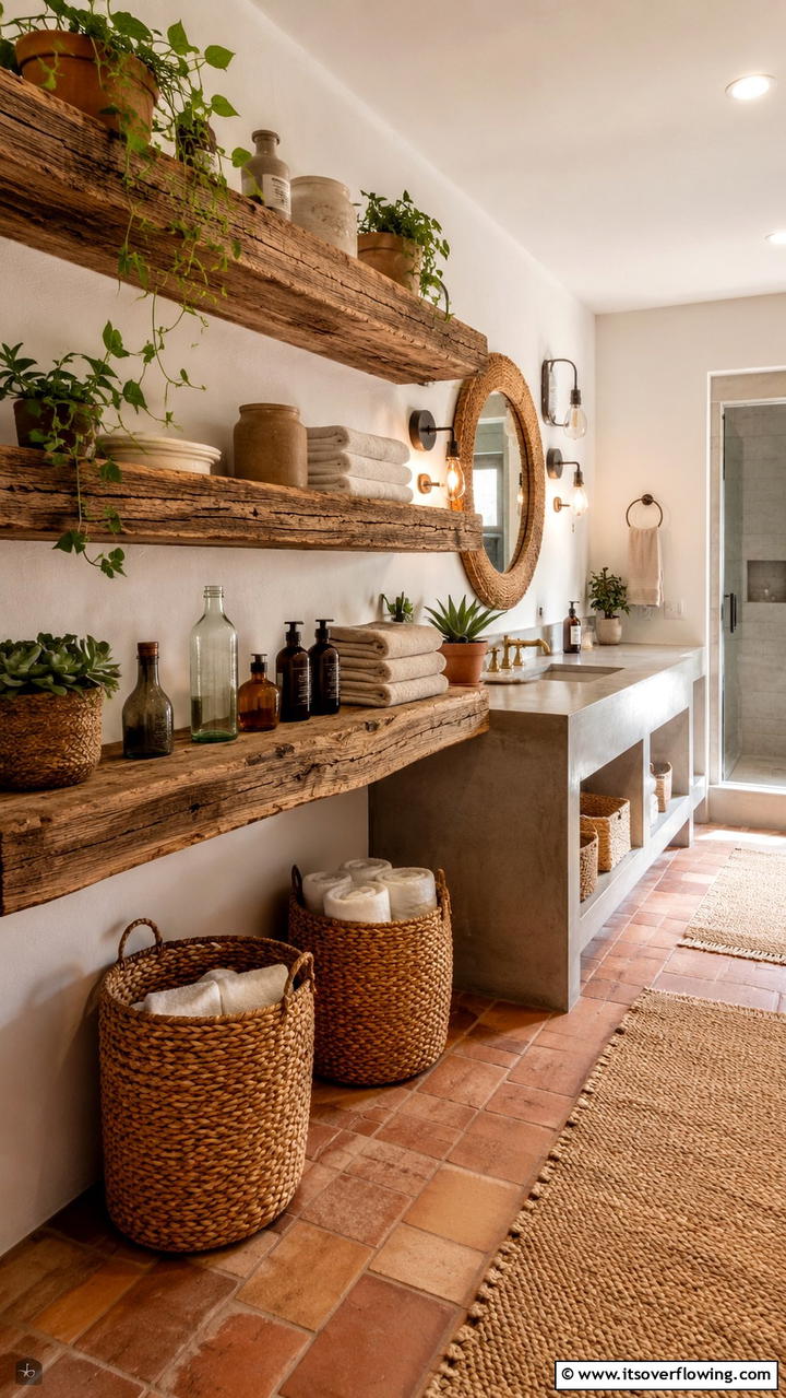 Rustic Reclaimed Wood Shelves - 30 Boho Bathroom Ideas for Relaxed, Global-Inspired Style