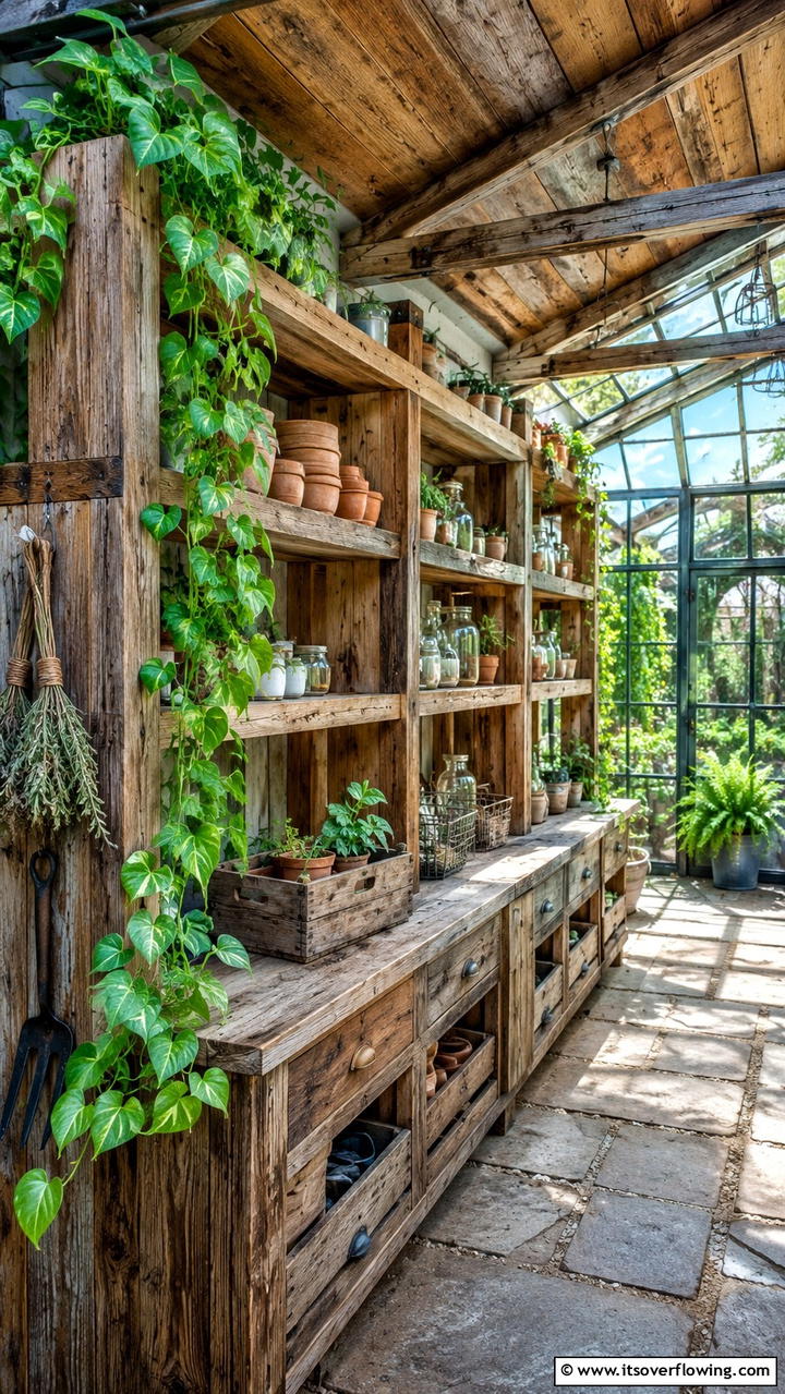 Rustic Reclaimed Wood Shelving - 30 Greenhouse Shelving Ideas- Organized Plant Storage