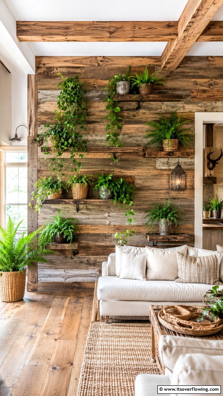 Rustic Reclaimed Wood Wall - 30 Indoor Plant Wall Ideas to Transform Blank Spaces