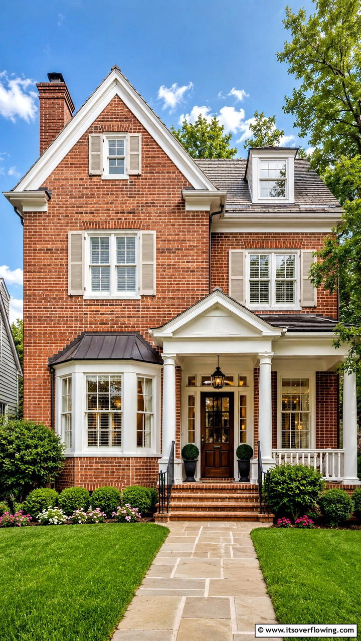 Rustic Red Brick with Creamy White Accents - 30 Exterior Brick and Paint Color Combinations