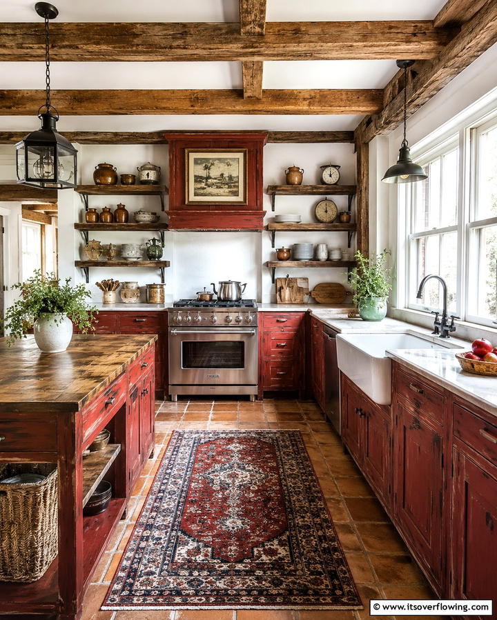 Rustic Red Farmhouse Kitchen - 30 Bold Red Kitchen Ideas for a Vibrant Cooking Space