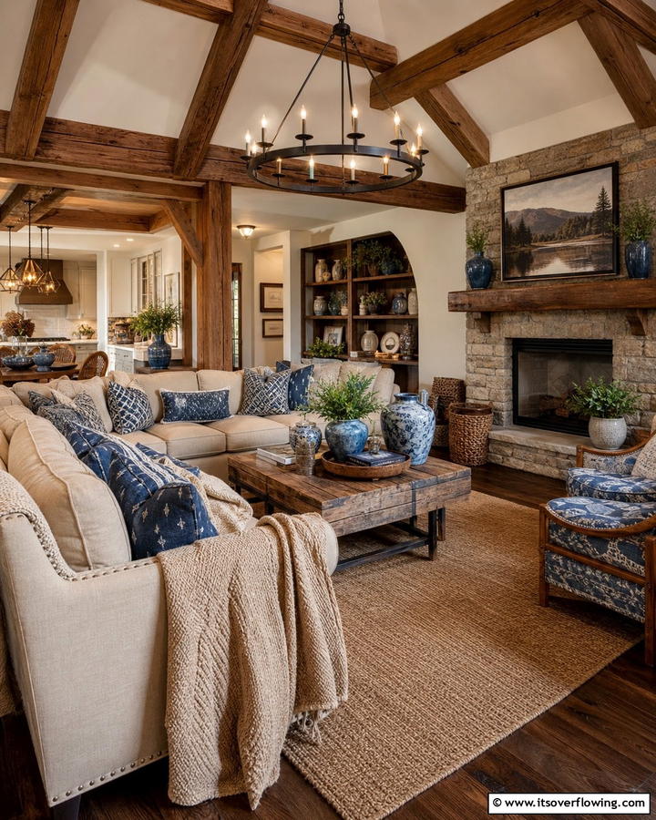 Rustic Retreat with Blue and Beige - 20 Blue and Beige Living Room Ideas- Serene Spaces