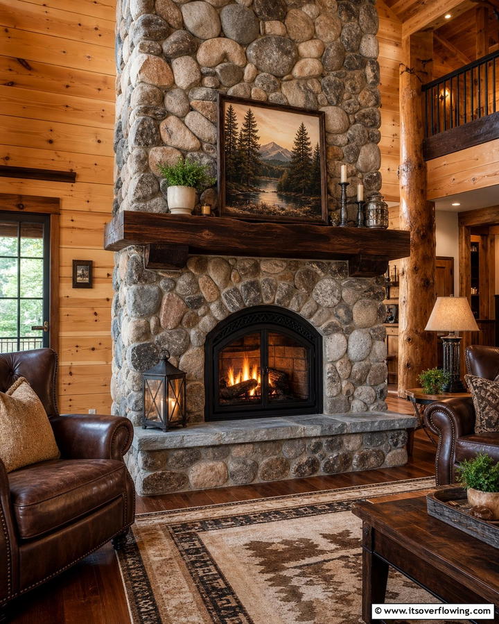 Rustic River Rock Fireplace with Wooden Mantel - 25 River Rock Fireplace Ideas for a Natural Look