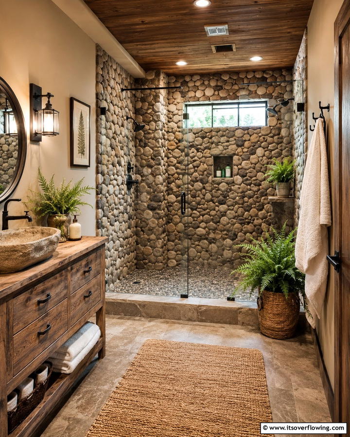Rustic River Rock Shower Walls - 20 Stone Shower Design Ideas for a Spa-like Bathroom