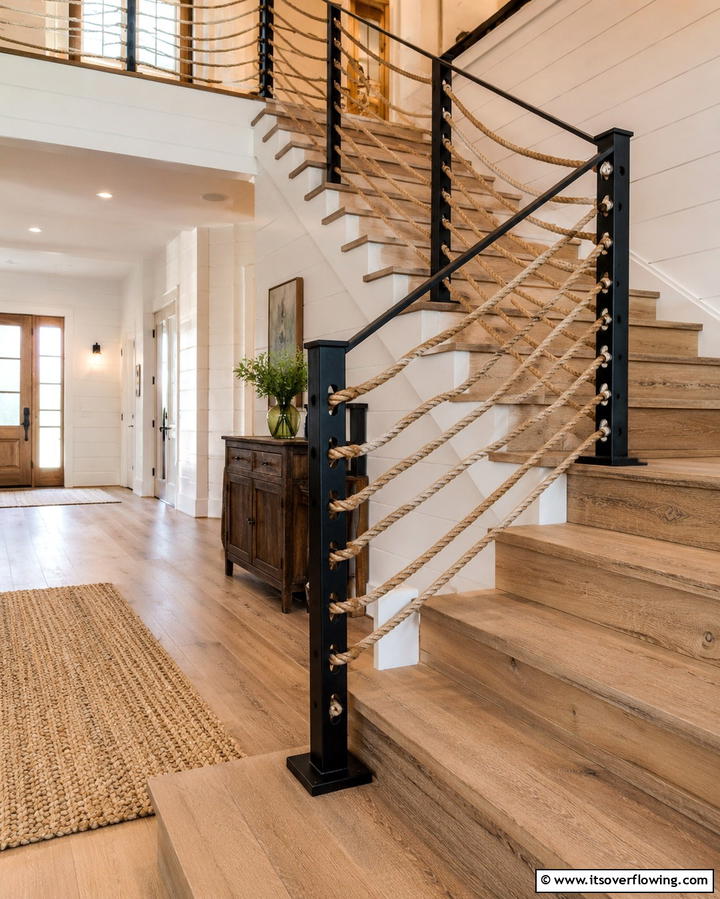 Rustic Rope Detail - 30 Rustic Farmhouse Stair Railing Ideas & Designs