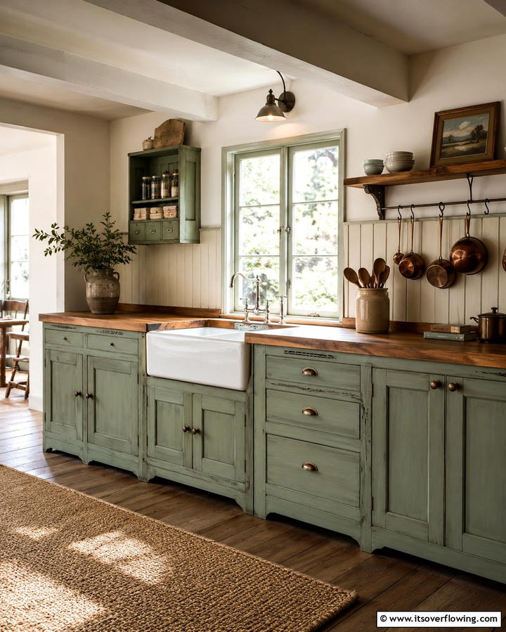 Rustic Sage Green Cabinets with Wooden Countertops - 25 Sage Green Laundry Room Ideas for a Fresh Look