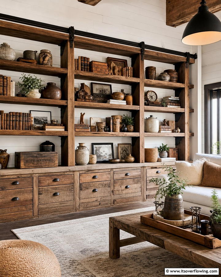Rustic Shelving Displays - 21 Rustic Living Room Ideas for Cozy Natural Interior Designs