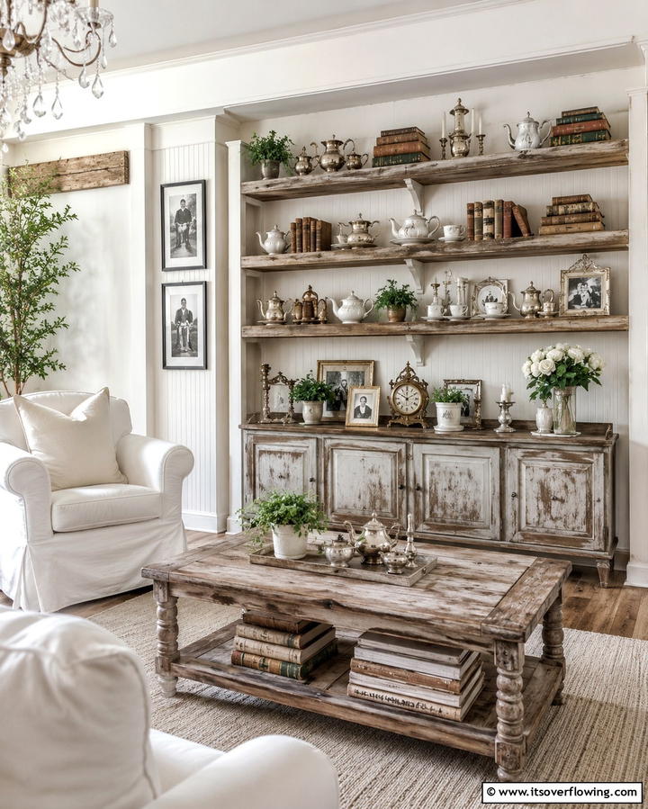 Rustic Shelving Units - 25 Shabby-Chic Style Living Room Ideas for a Vintage Look