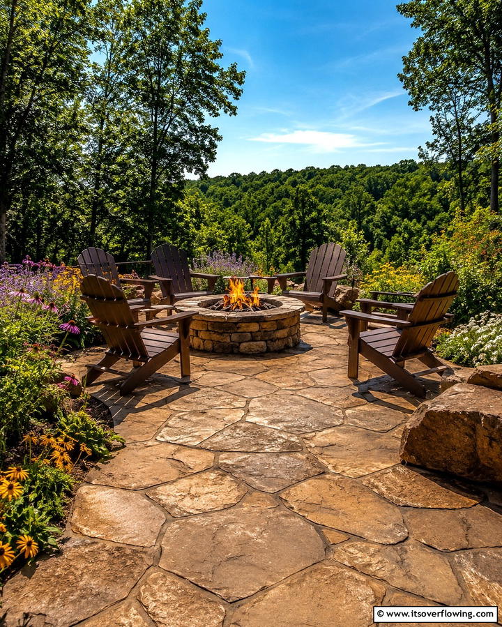 Rustic Stamped Concrete Patio with Stone Inspired Fire Pit - 20 Stamped Concrete Patio With Fire Pit Ideas