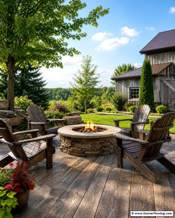 Rustic Stamped Concrete Patio with Stone Look Fire Pit - 25 Stamped Concrete Patio With Fire Pit Ideas