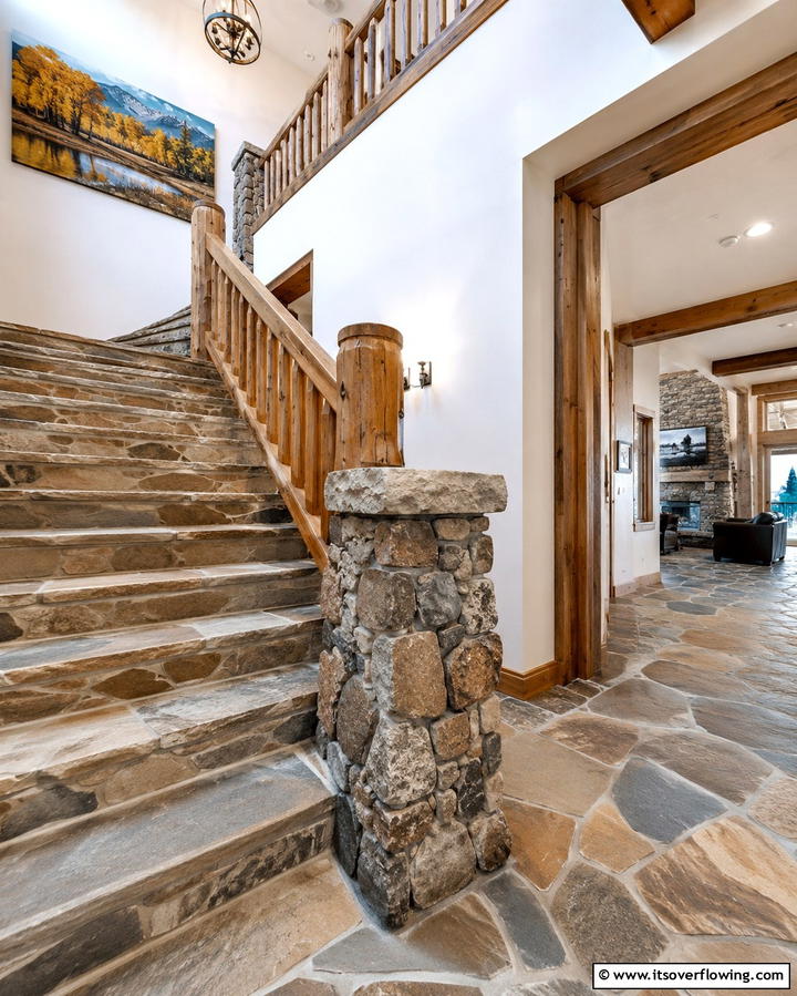 Rustic Stone Accents - 30 Rustic Farmhouse Stair Railing Ideas & Designs