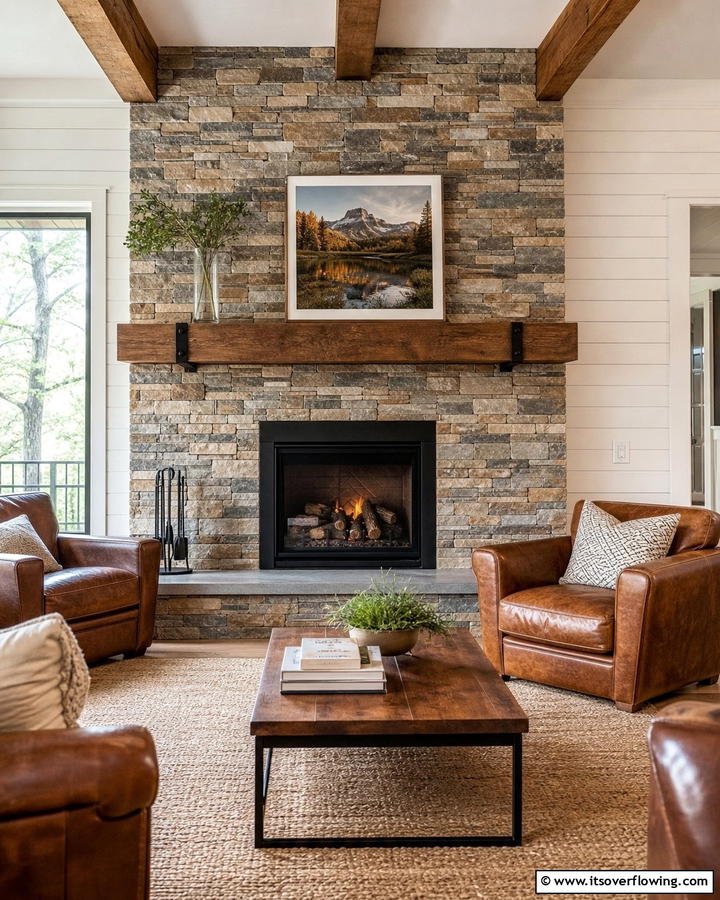 Rustic Stone Charm - 21 Fireplace Tile Ideas to Refresh Your Hearth’s Aesthetic