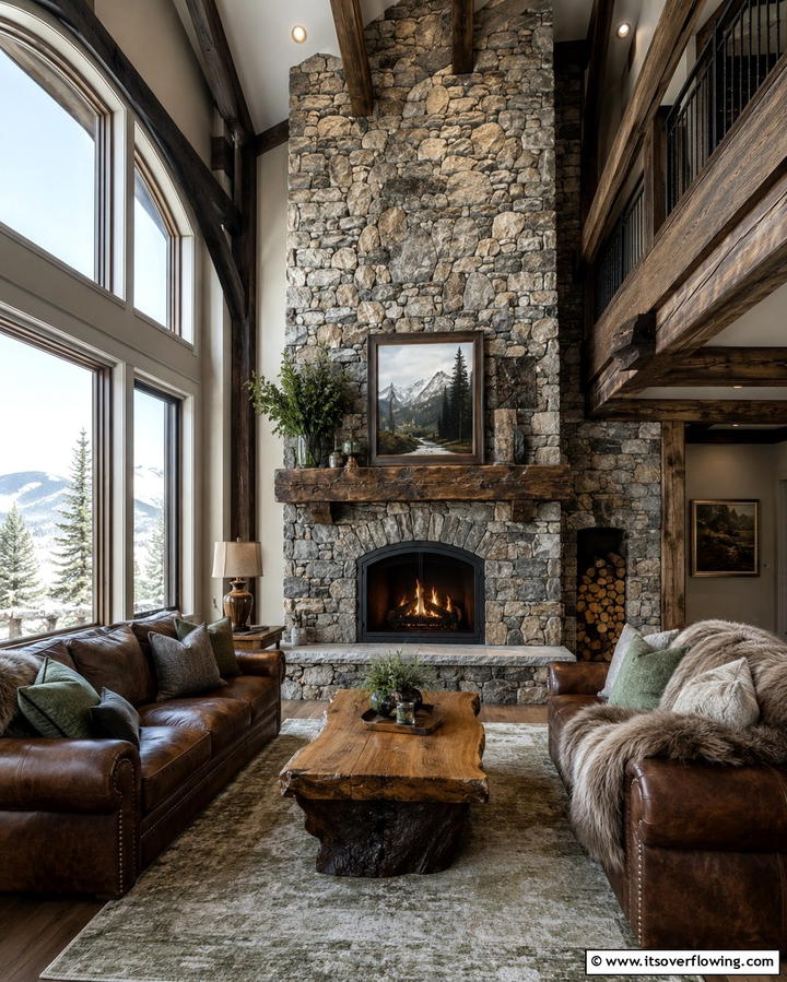 Rustic Stone Charm - 25 Two-story Fireplace Ideas for Cozy Ambiance