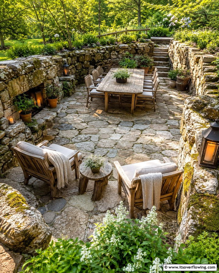 Rustic Stone Enclosure - 20 Sunken Patio Ideas for Cozy Outdoor Living