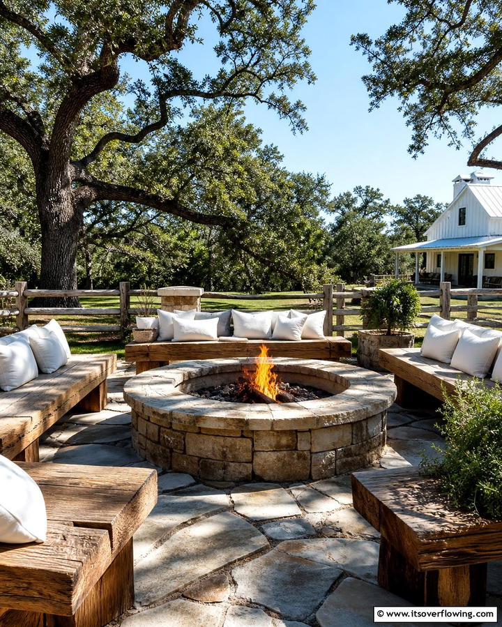 Rustic Stone Fire Pit with Wooden Benches - 25 Rock Fire Pit Ideas for Outdoor Gatherings