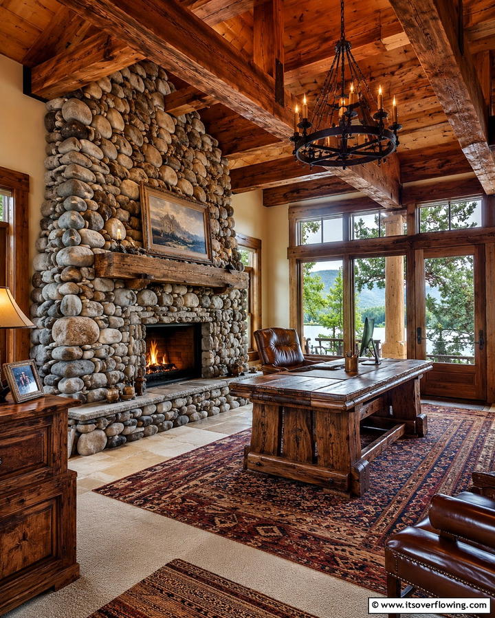 Rustic Stone Fireplace - 25 Home Office With Fireplace Ideas for Cozy Workspaces