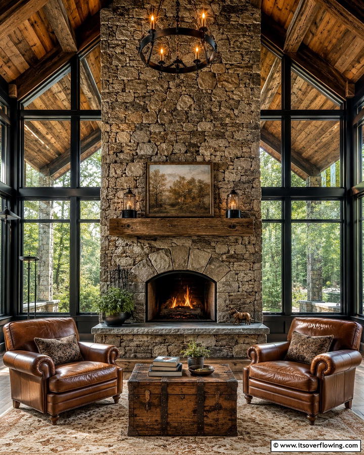 Rustic Stone Fireplace - 25 Sunroom With Fireplace Ideas for Cozy Gatherings