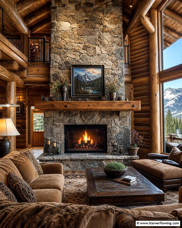 Rustic Stone Fireplace Centerpiece - 25 Log Cabin Interior Design Ideas for Cozy Living