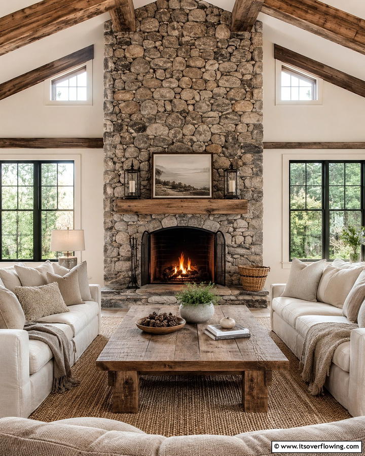 Rustic Stone Fireplace Charm - 25 Floor to Ceiling Fireplace Ideas- Stunning & Modern