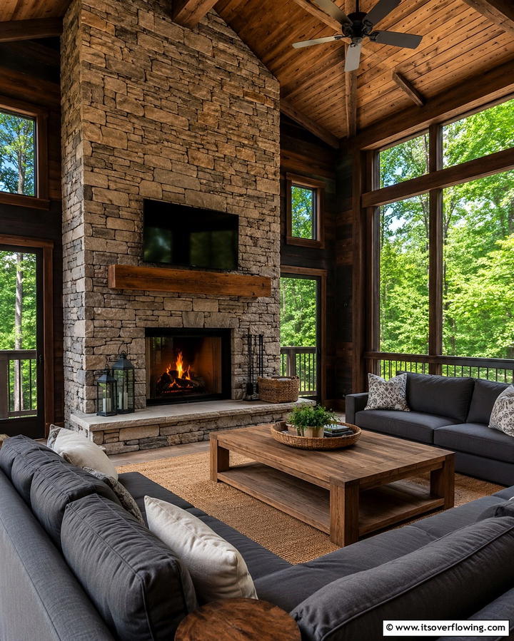 Rustic Stone Fireplace CharmExact - 25 Screened-in Porch With Fireplace Ideas for Cozy Evenings
