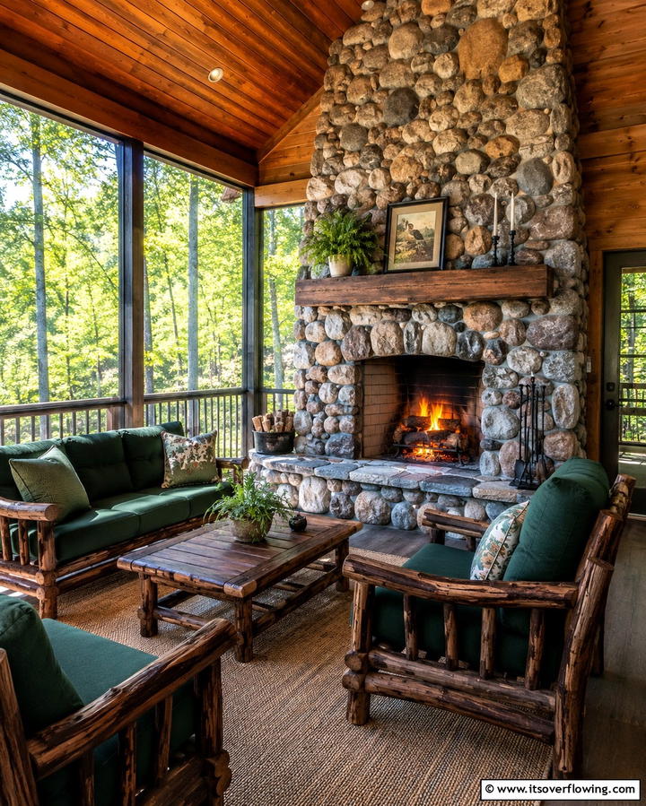 Rustic Stone Fireplace CharmOne - 25 Screened-in Porch With Fireplace Ideas for Cozy Evenings