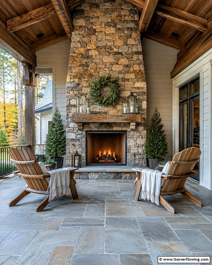 Rustic Stone Fireplace Feature - 30 Rustic Front Porch Ideas for a Welcoming Entryway