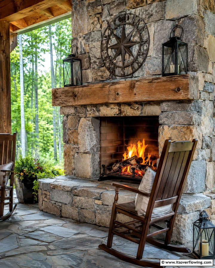 Rustic Stone Fireplace with Wooden Mantel - 25 Outdoor Fireplace Ideas to Enhance Your Backyard