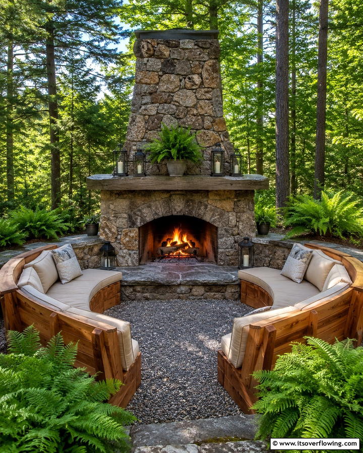 Rustic Stone Fireplace with Wooden SeatingExact - 25 Outdoor Corner Fireplace Ideas for Cozy Nights