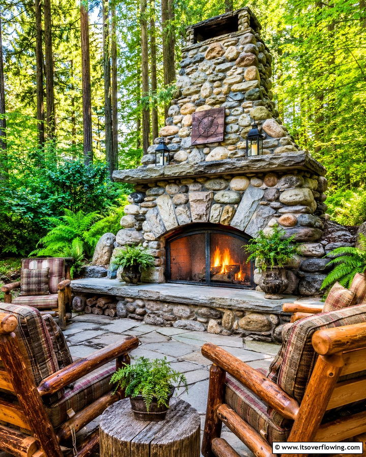 Rustic Stone Fireplace with Wooden SeatingOne - 25 Outdoor Corner Fireplace Ideas for Cozy Nights
