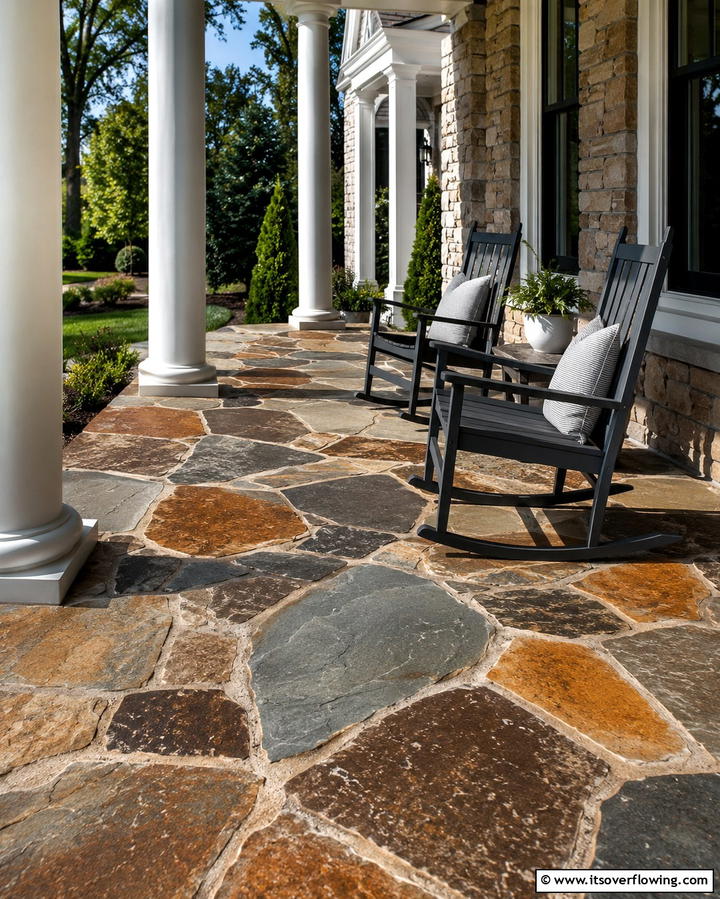 Rustic Stone Flooring - 30 Large Front Porch Ideas to Boost Outdoor Living Spaces