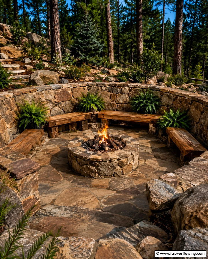 Rustic Stone Haven - 25 Sunken Fire Pit Ideas for a Cozy Outdoor Gathering Spot