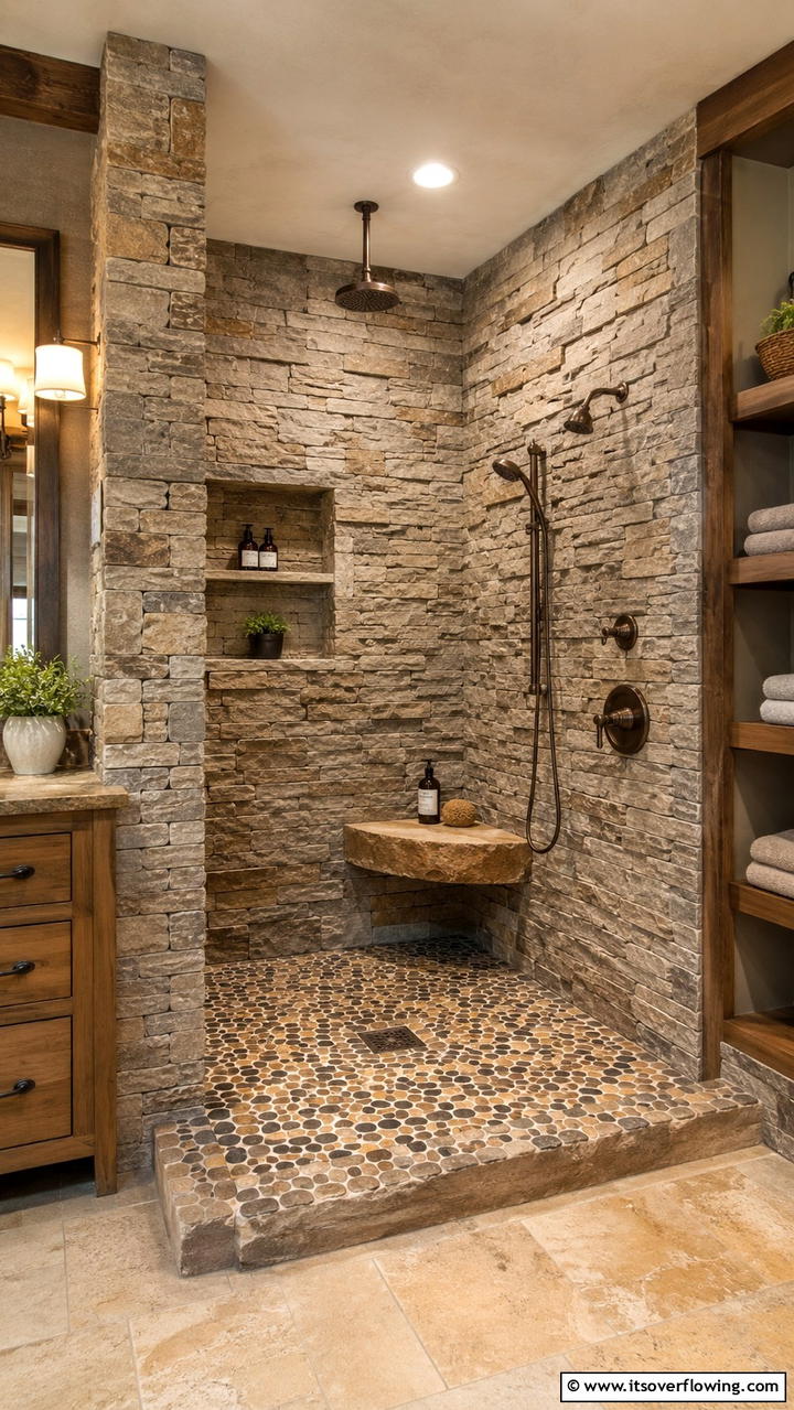 Rustic Stone Inspired Walk In Shower with Bench - 21 Walk-In Shower Ideas With Bench for Spa-Like Comfort