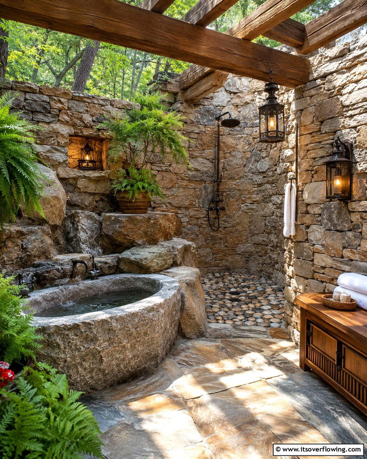 Rustic Stone Retreat - 30 Outdoor Bathroom Ideas for a Luxurious Backyard Oasis