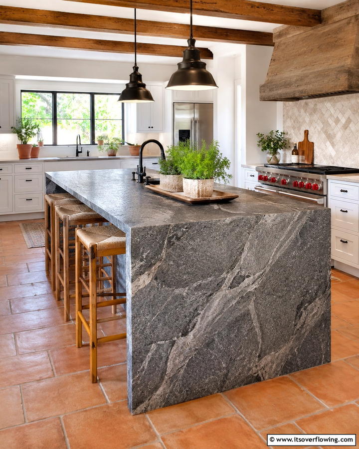 Rustic Stone Waterfall Island - 20 Stunning Waterfall Kitchen Island Ideas for a Modern Look