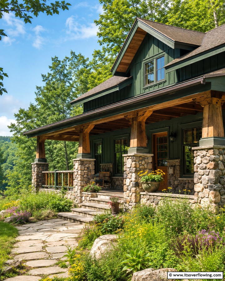 Rustic Stone and Green Harmony - 30 Stunning Dark Green Exterior House Designs for Curb Appeal