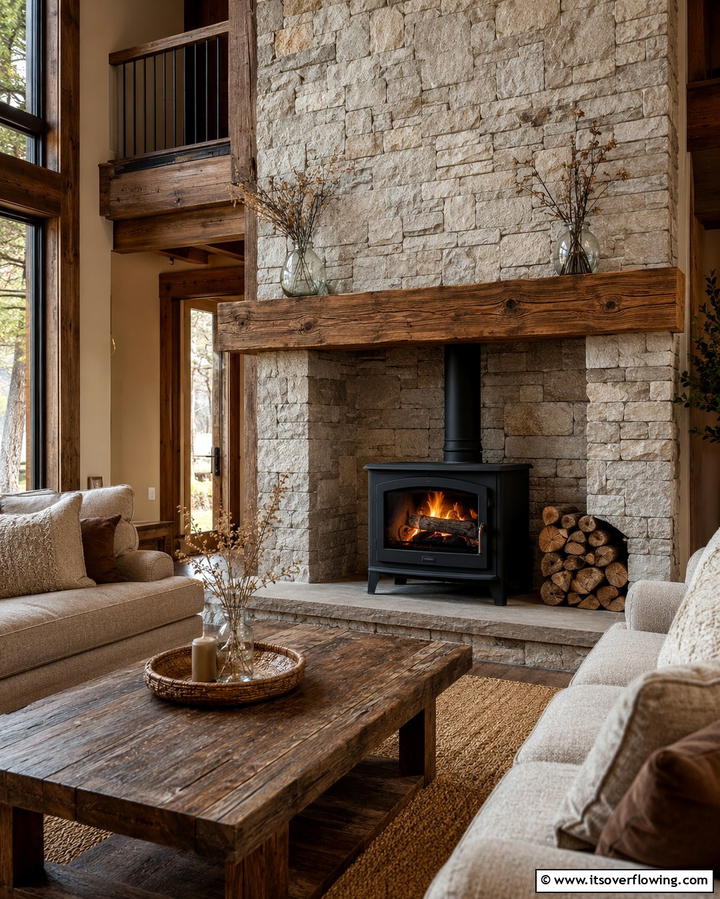 Rustic Stone and Wood Combination - 30 Cozy Wood Stove Surround Design Inspirations