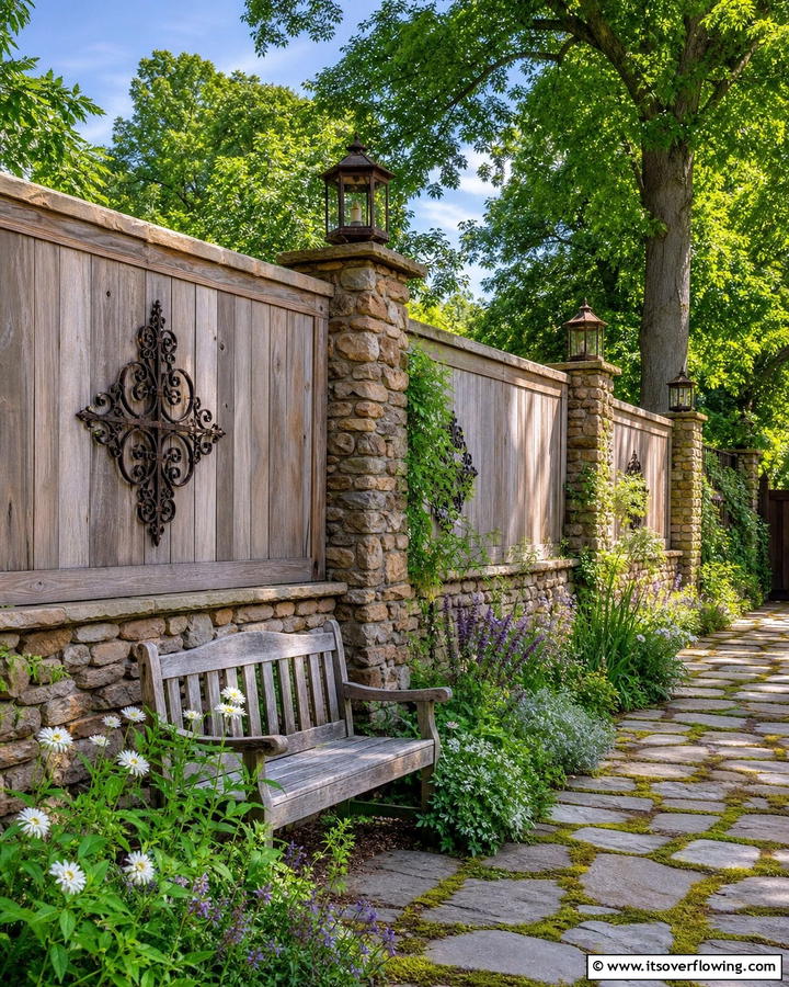 Rustic Stone and Wood Fence - 30 Cheap Privacy Fence Ideas- Affordable Outdoor Seclusion
