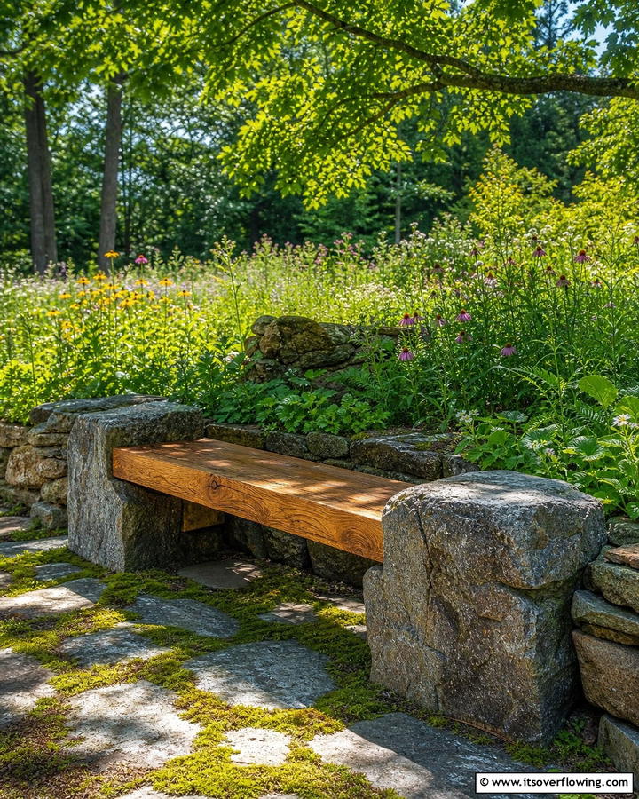 Rustic Stone and Wood Fusion Bench - 30 Charming Garden Bench Ideas for Relaxing Outdoor Spaces