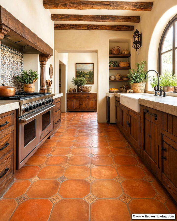 Rustic Terracotta Warmth - 21 Kitchen Floor Tile Ideas- Durable & Stylish Options