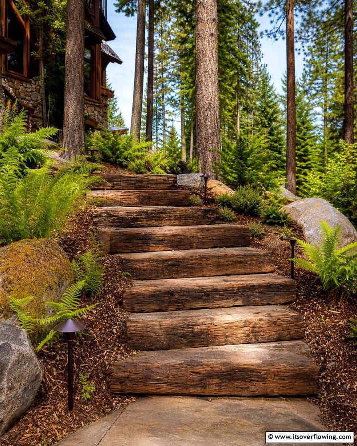 Rustic Timber Steps - 25 Patio Steps Ideas to Enhance Your Outdoor Space