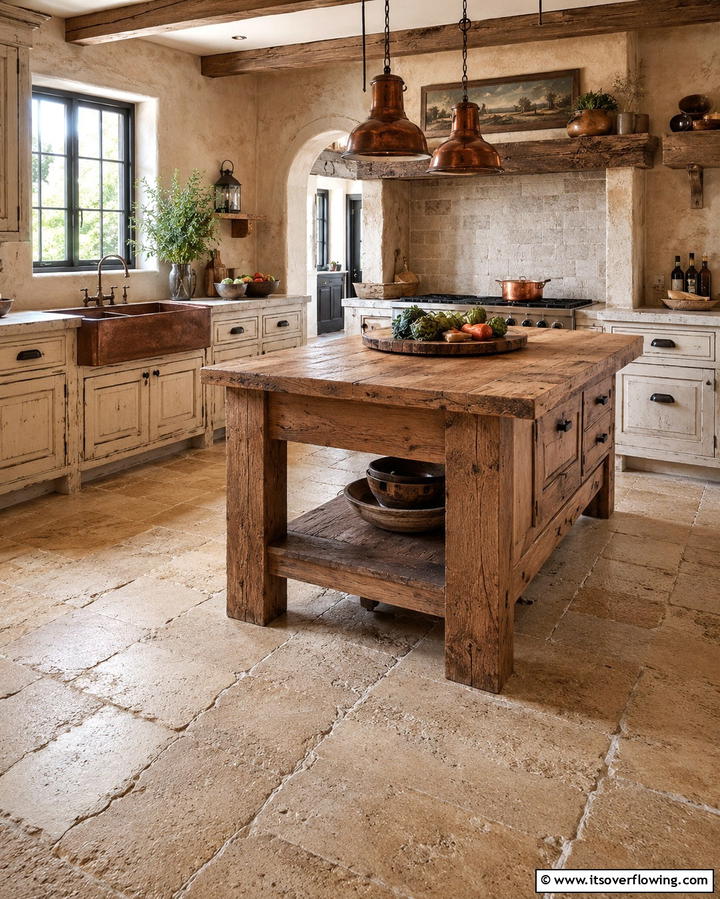 Rustic Travertine Floors with Distressed Edges - 25 Travertine Floor Kitchen Ideas for Elegance