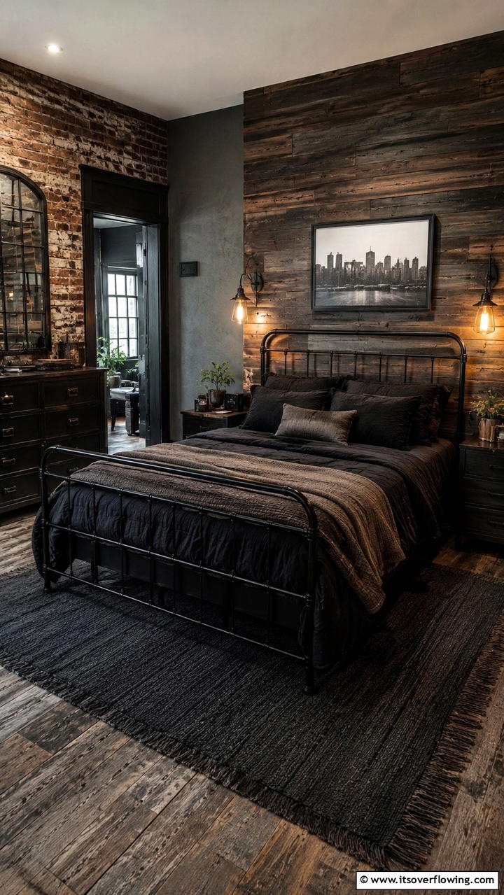 Rustic Urban Dark - 30 Dark Bedroom Ideas- Moody and Sophisticated Retreat