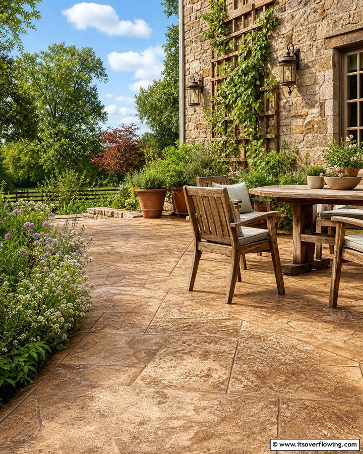 Rustic Warmth and Charm - 21 Stamped Concrete Patio Designs to Elevate Outdoor Spaces