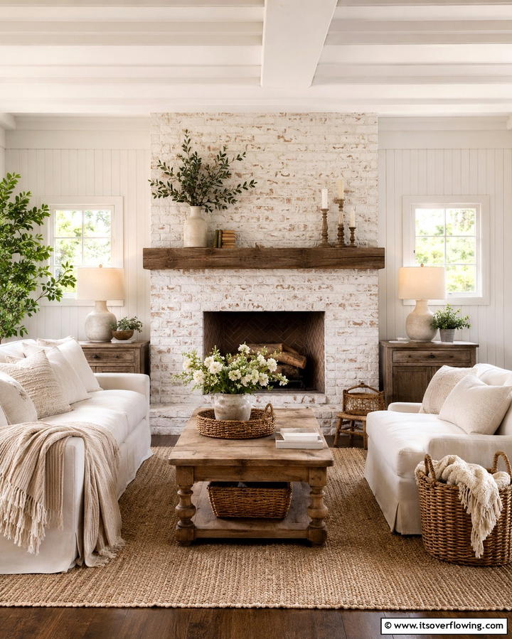 Rustic Whitewashed Brick Fireplace - 25 White Fireplace Ideas to Warm Up Your Living Room