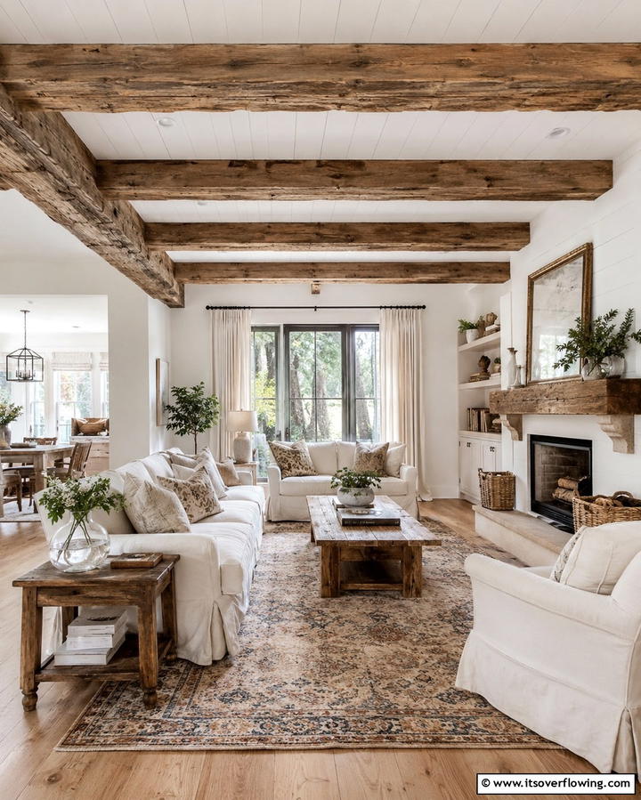 Rustic Wood Beam Accents - 25 Joanna Gaines Living Room Ideas for Farmhouse Style