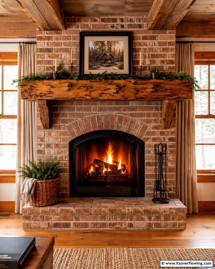 Rustic Wood Beam Mantel - 25 Fireplace Between Windows Ideas for Cozy Homes