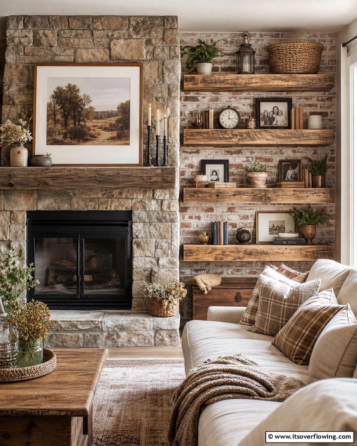 Rustic Wood Floating Shelves for a Cozy Charm - 20 Fireplace Floating Shelves Design Ideas for Cozy Homes