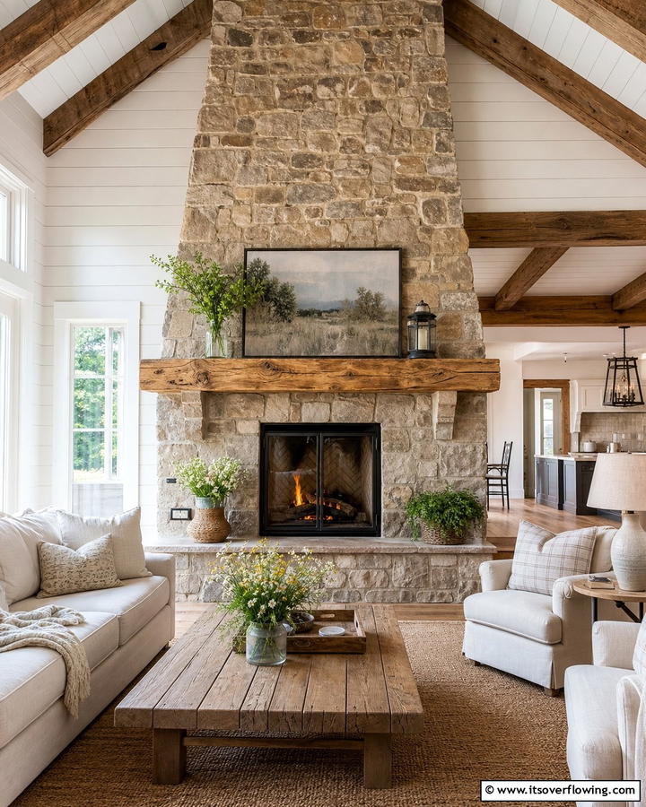 Rustic Wood Harmony - 21 Rustic Stone Fireplace Designs for Cozy Living Rooms